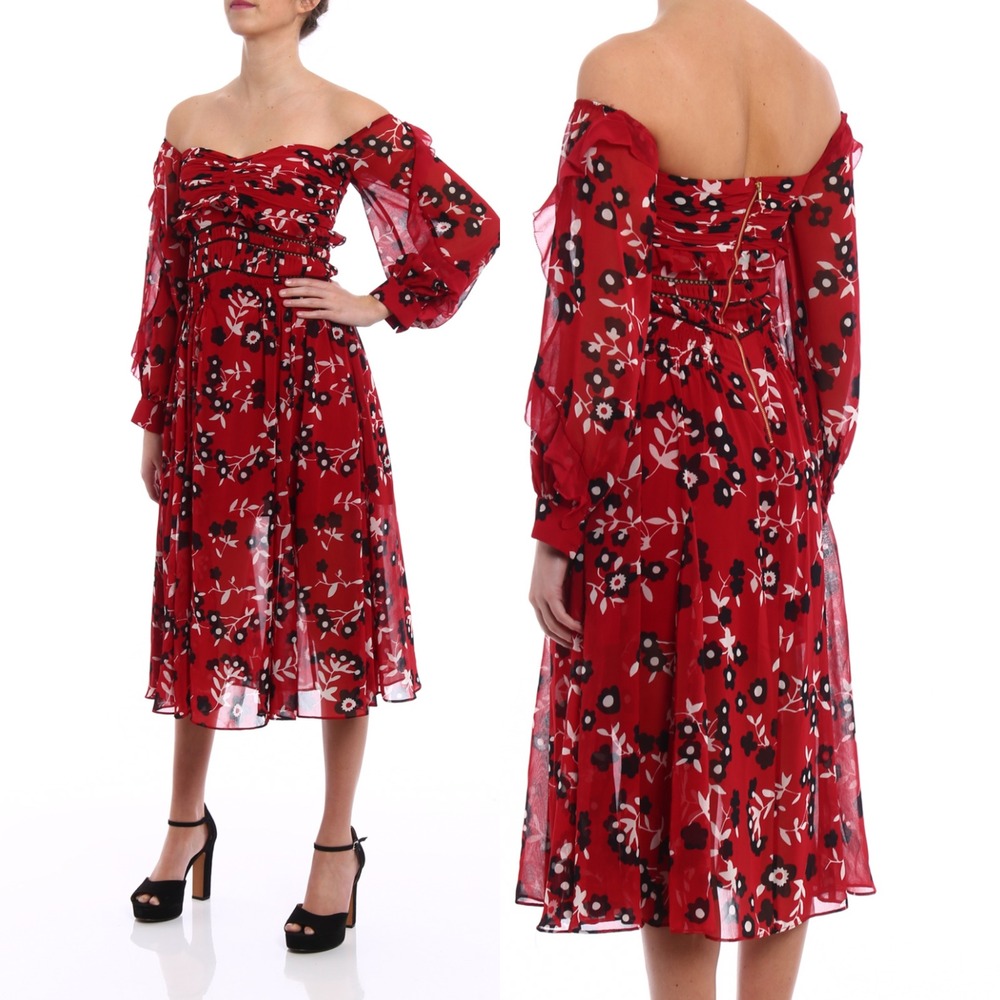 Self-Portrait Red Floral‎ Chiffon Off-Shoulder Midi Dress US 0 UK 4, Romantic